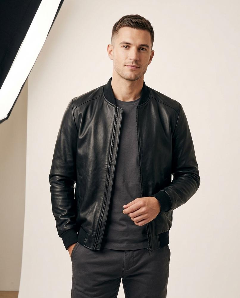 Lands Fashion - Cosil | Zip-Up Slim Fit Leather Jacket Men