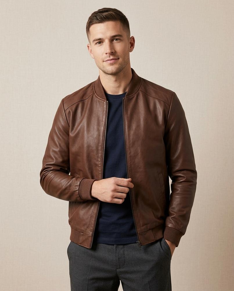 Lands Fashion - Cosil | Zip-Up Slim Fit Leather Jacket Men
