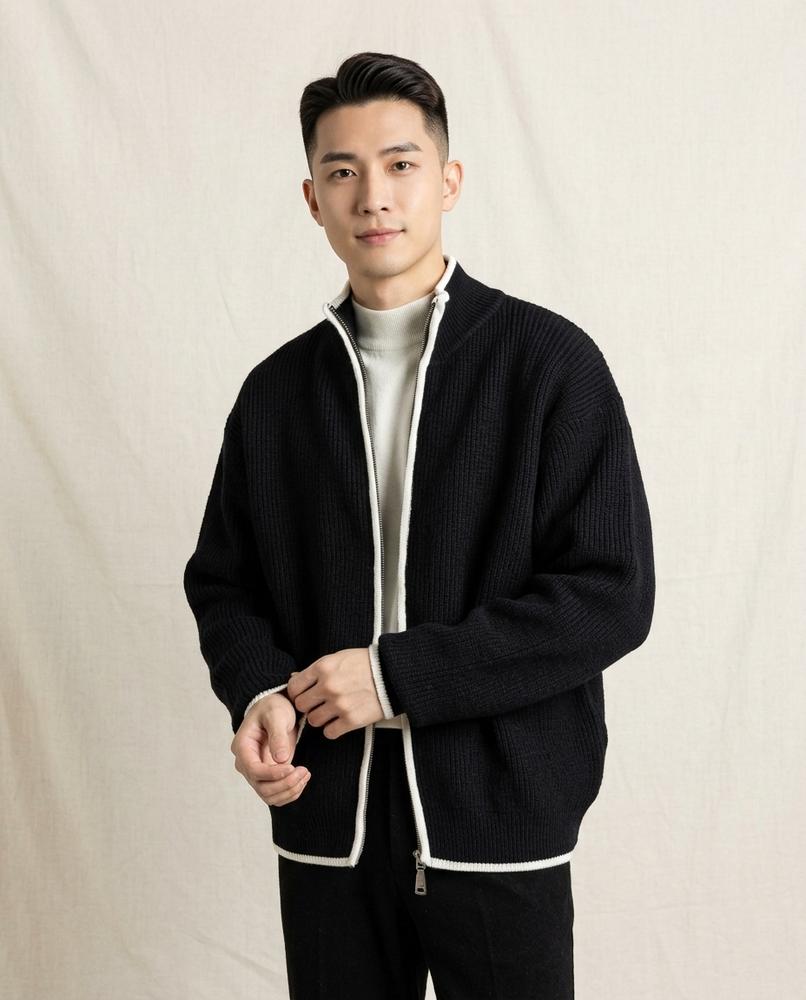 Lands Fashion - Damin | Rib-Knit Zip-Up Knit Cardigan Men