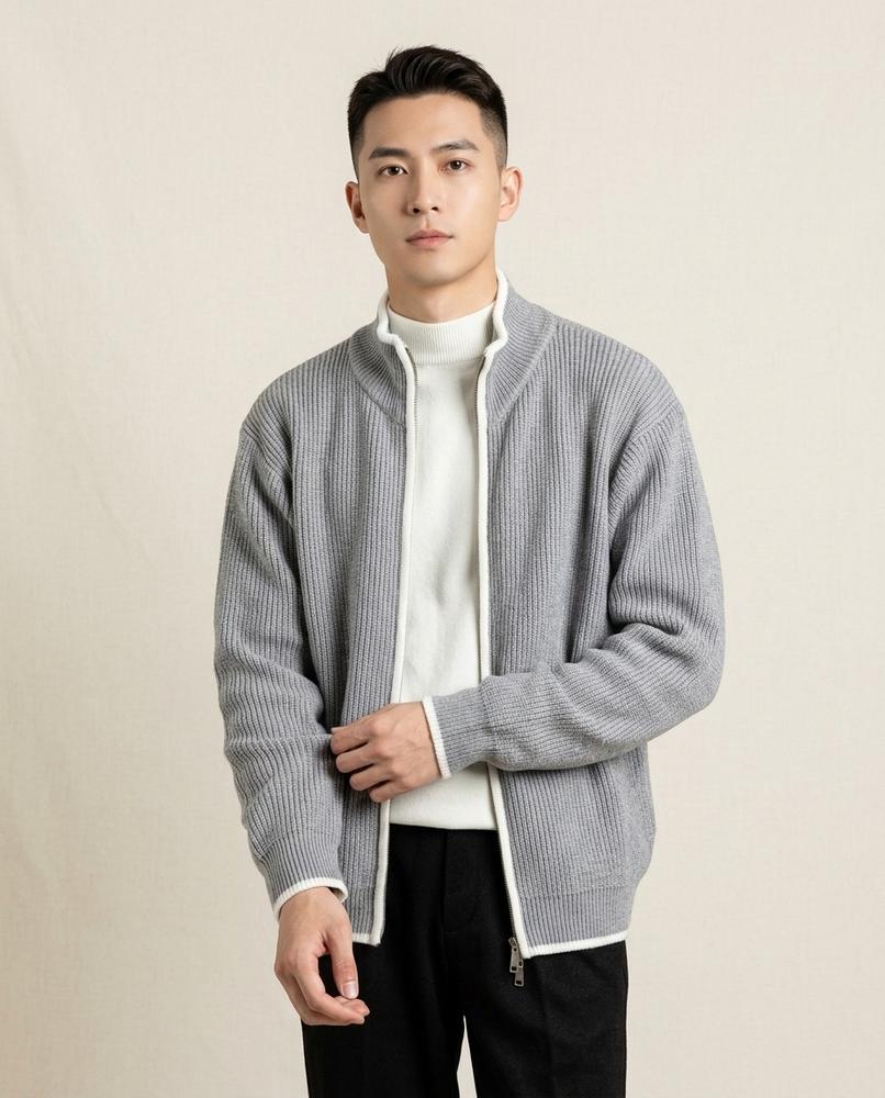 Lands Fashion - Damin | Rib-Knit Zip-Up Knit Cardigan Men