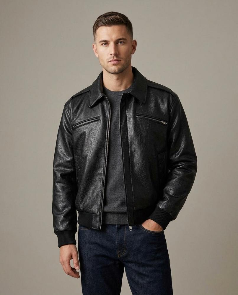 Lands Fashion - Vevar | Textured Zip-Up Leather Jacket Men