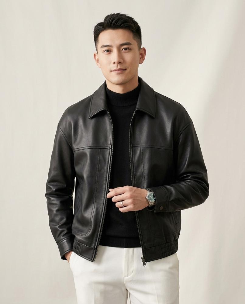 Lands Fashion - Levar | Zip-Up Collared Leather Jacket Men