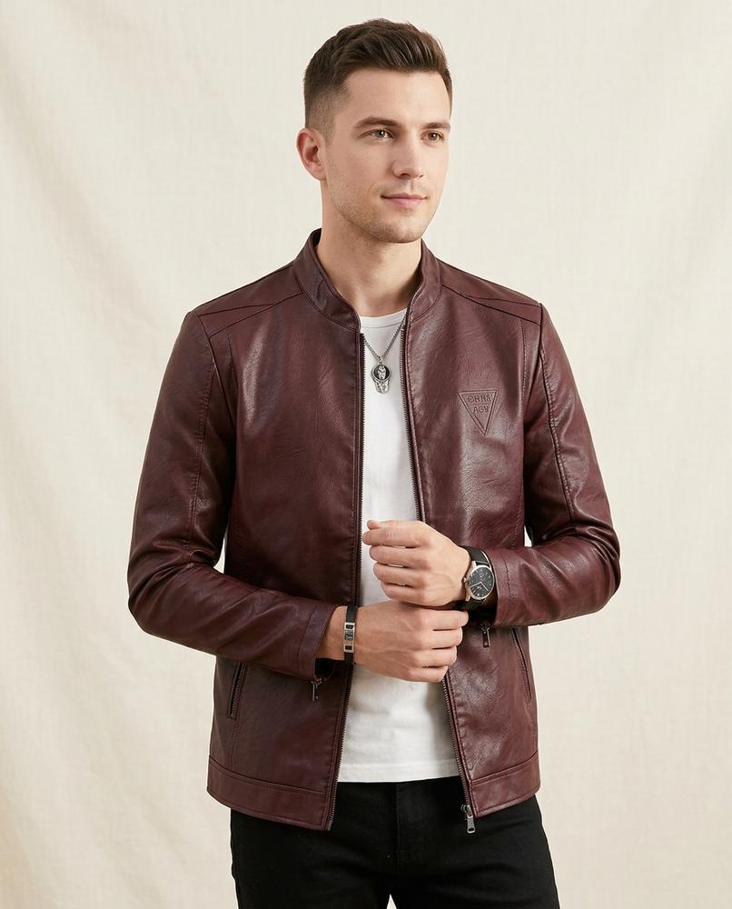 Lands Fashion - Tizan | Zip-Up Stand-Collar Leather Jacket Men