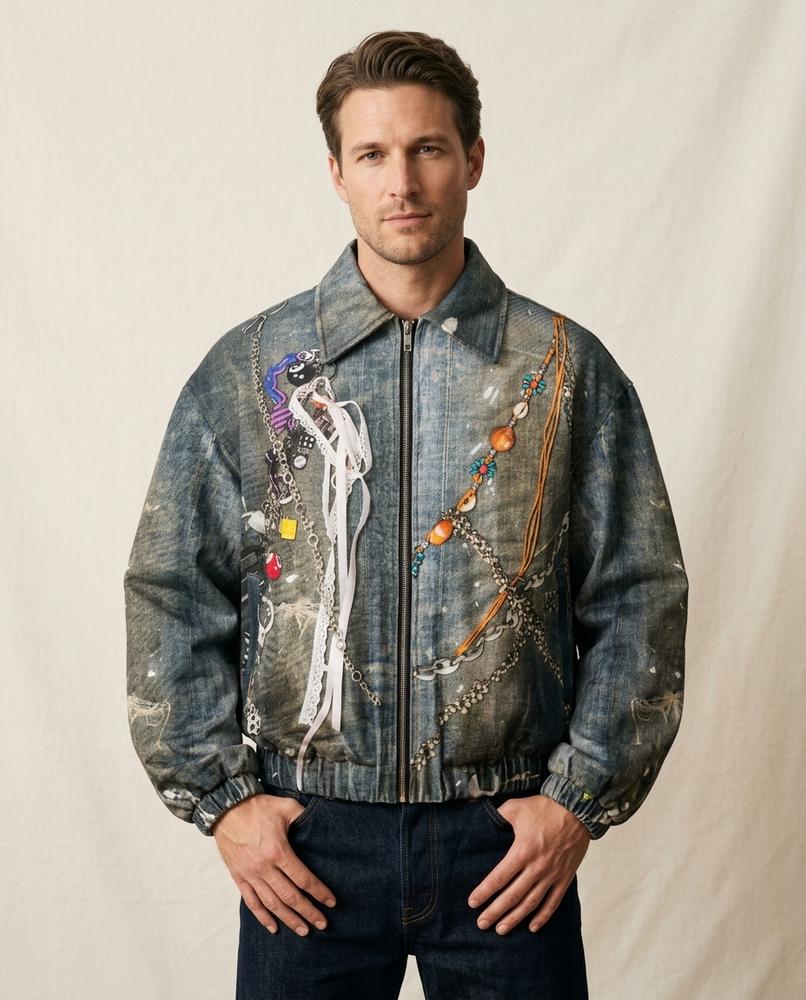 Lands Fashion - Yomar | Printed Zip-Up Denim Jacket Men