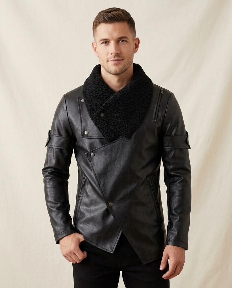 Lands Fashion - Zezan | Asymmetrical Sherpa-Collar Leather Jacket Men