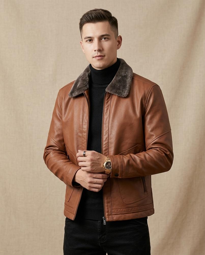 Lands Fashion - Colin | Faux Shearling-Lined Zip-Up Leather Jacket Men