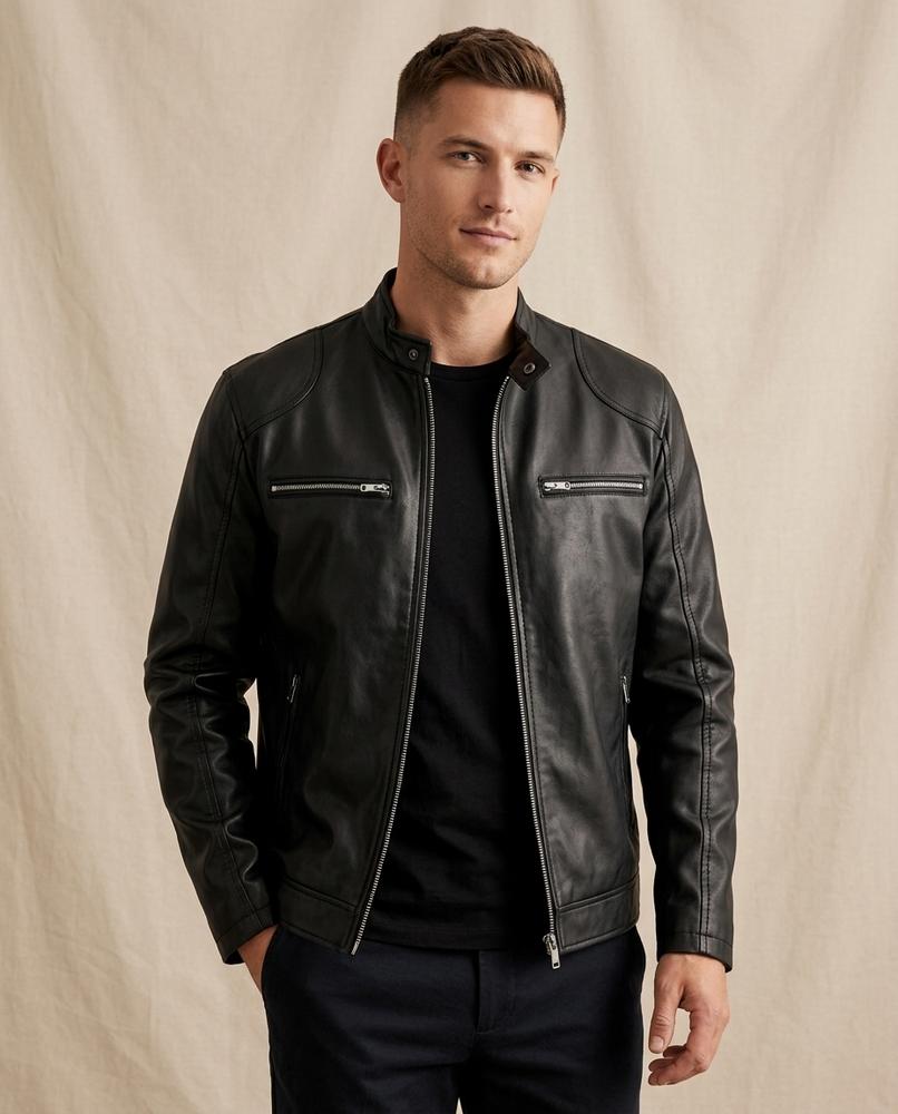Lands Fashion - Valev | Zippered Band-Collar Leather Jacket Men
