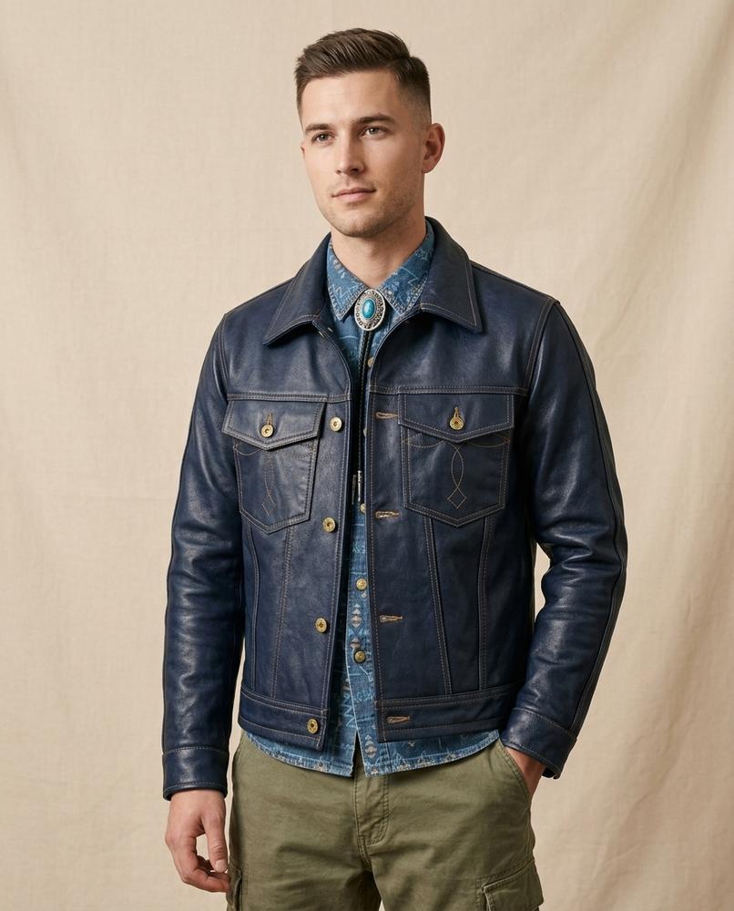 Lands Fashion - Kelar | Button-Front Contrast-Stitch Leather Jacket Men