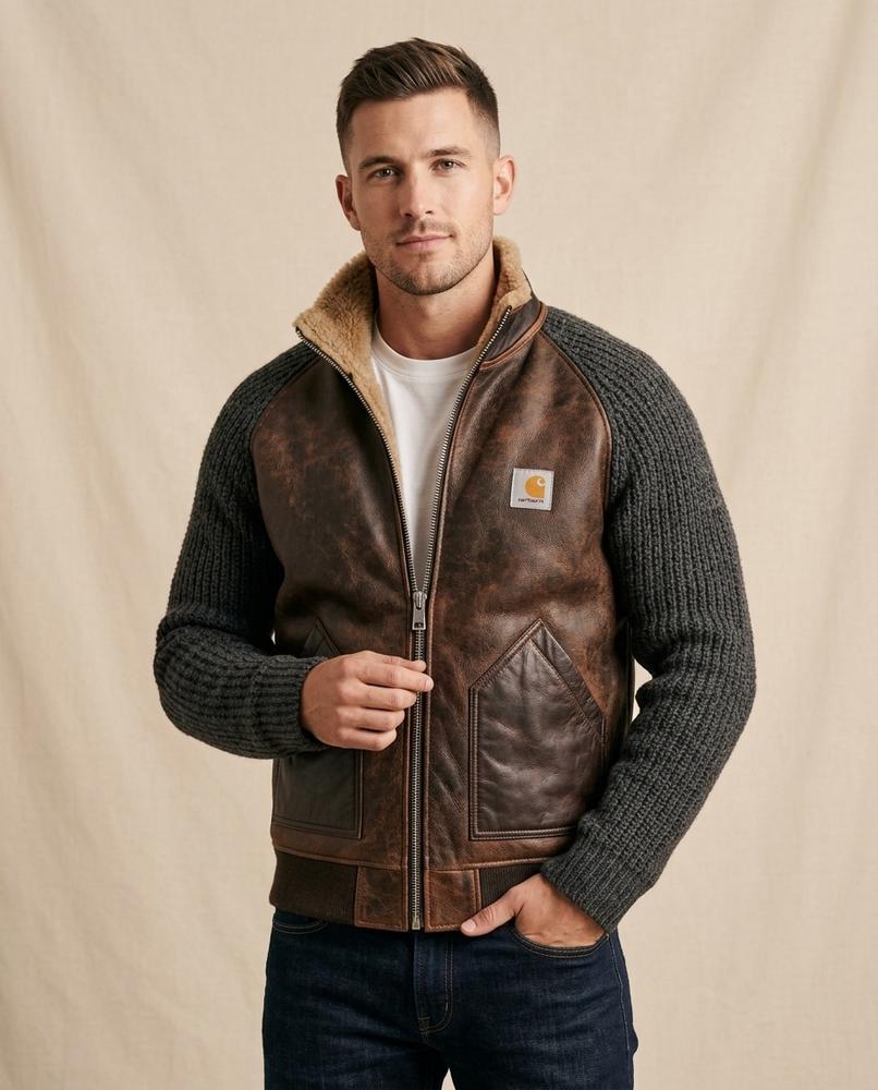 Lands Fashion - Zanal | Leather-Panel Knit-Sleeve Jacket Men