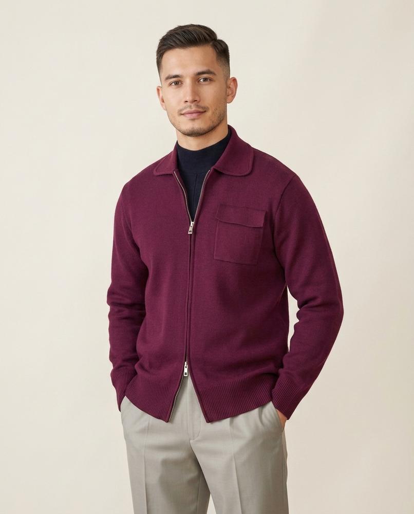 Lands Fashion - Zemon | Zip-Front Collared Knit Cardigan Men