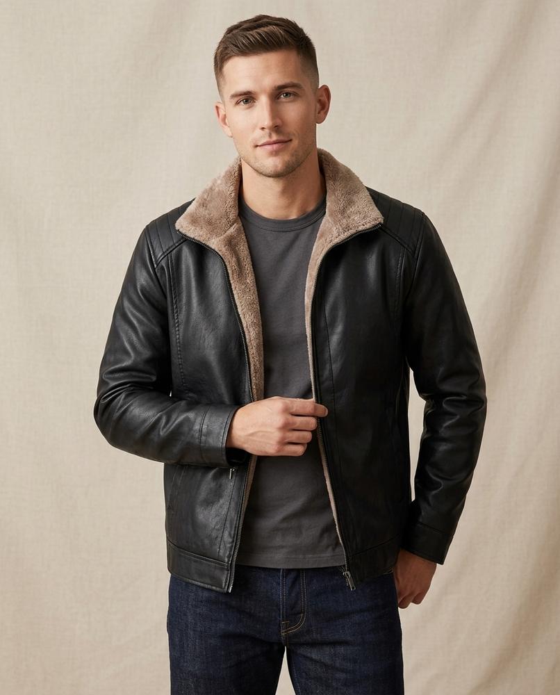 Lands Fashion - Lolar | Fleece-Lined Zip-Up Leather Jacket Men