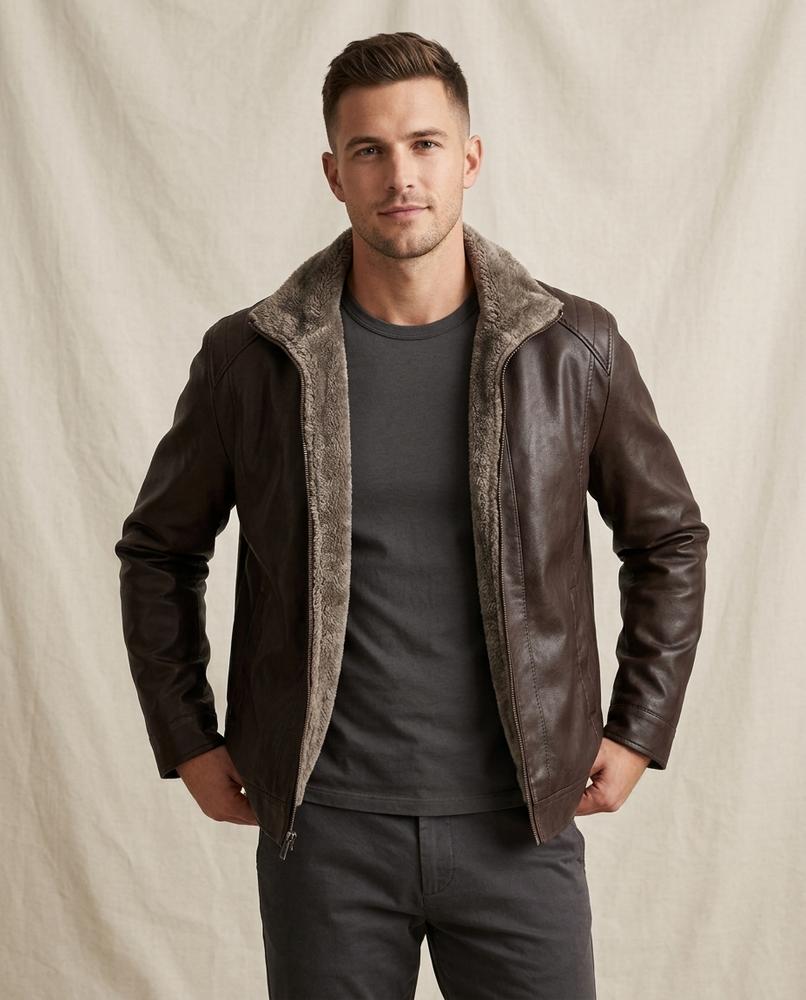 Lands Fashion - Lolar | Fleece-Lined Zip-Up Leather Jacket Men
