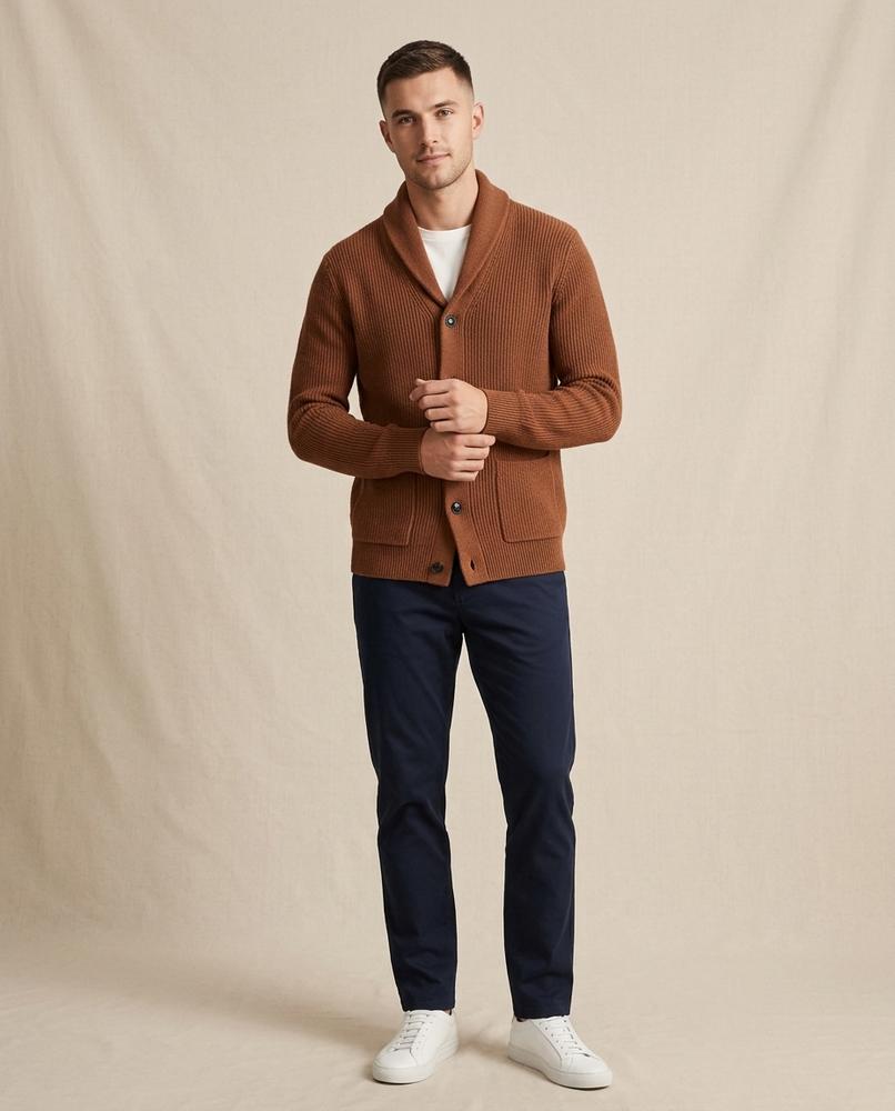 Lands Fashion - Camel | Shawl Collar Rib-Knit Cardigan Men