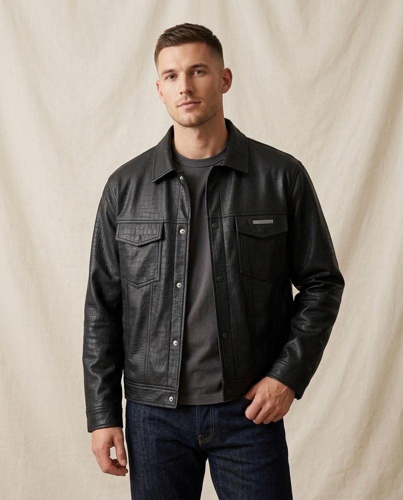 Lands Fashion - Yovel | Embossed Button-Front Leather Jacket Men