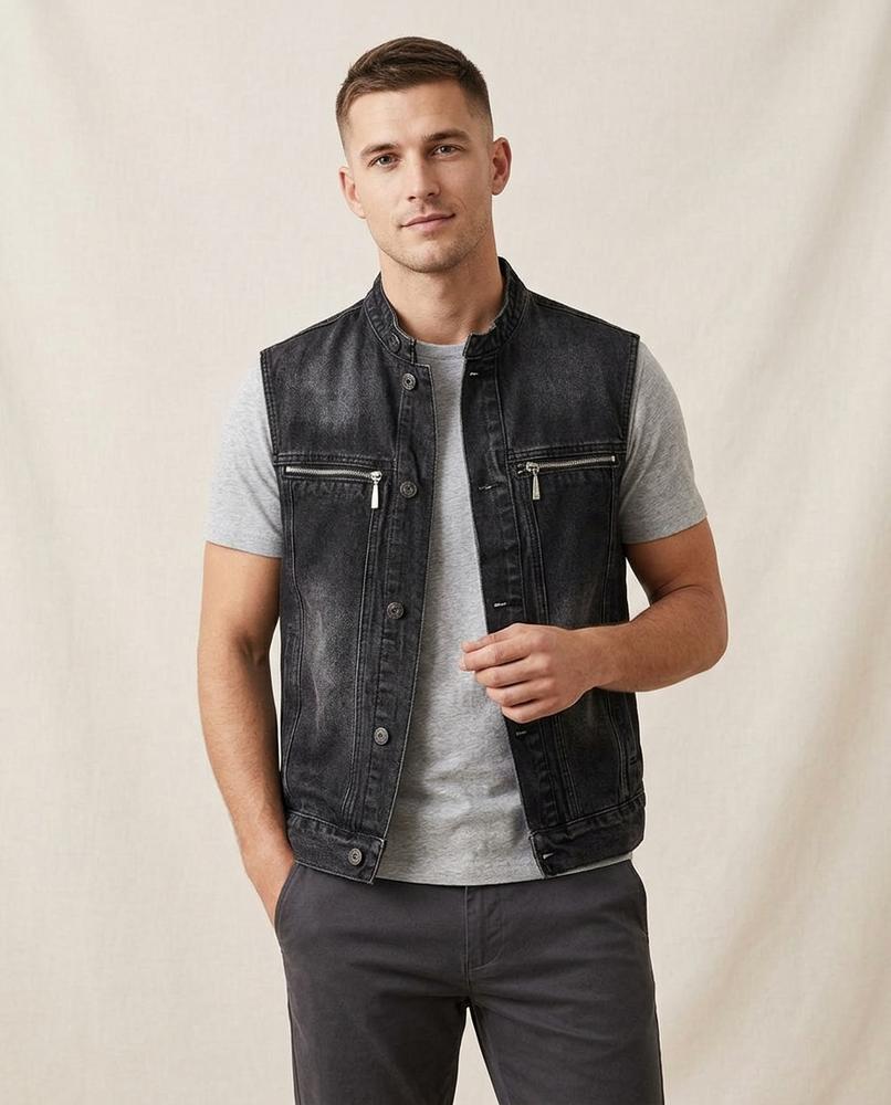 Lands Fashion - Milan | Washed Denim Stand-Collar Vest Men