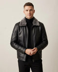 Lands Fashion - Netal | Shearling-Collar Zip-Up Leather Jacket Men