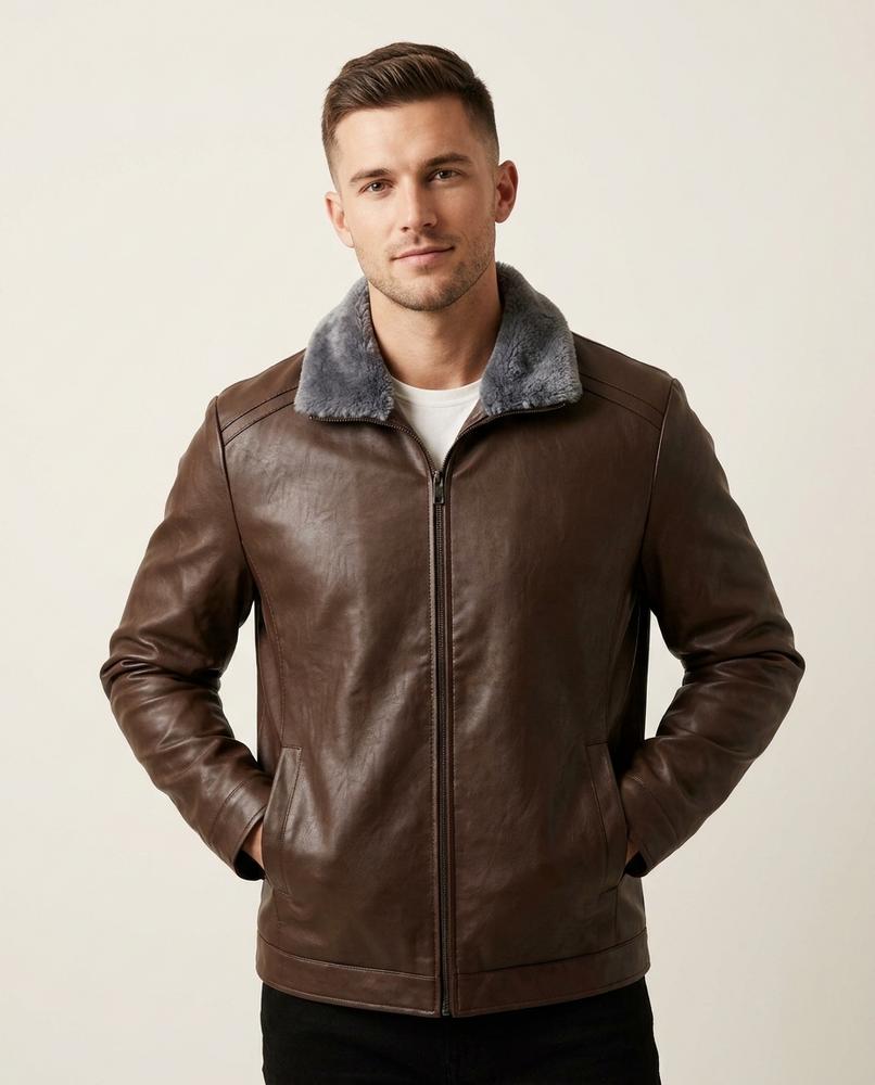 Lands Fashion - Netal | Shearling-Collar Zip-Up Leather Jacket Men