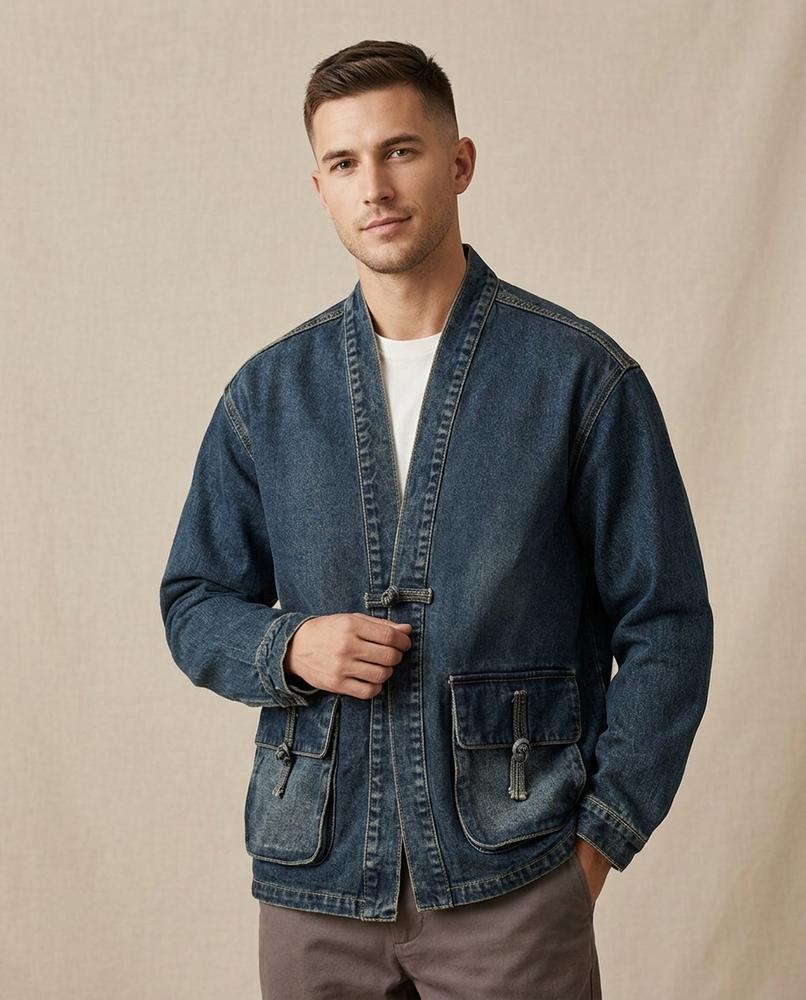 Lands Fashion - Tadar | Collarless Washed-Denim Jacket Men