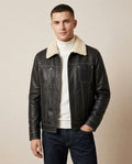 Lands Fashion - Tisan | Shearling-Collar Contrast-Stitched Leather Jacket Men