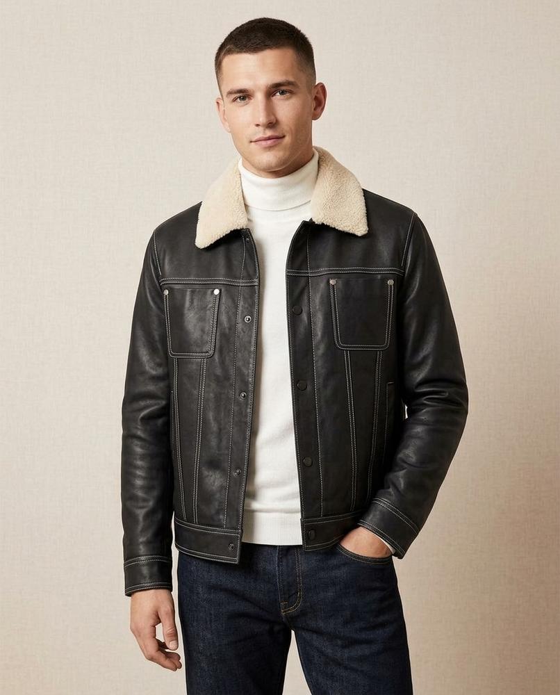 Lands Fashion - Tisan | Shearling-Collar Contrast-Stitched Leather Jacket Men