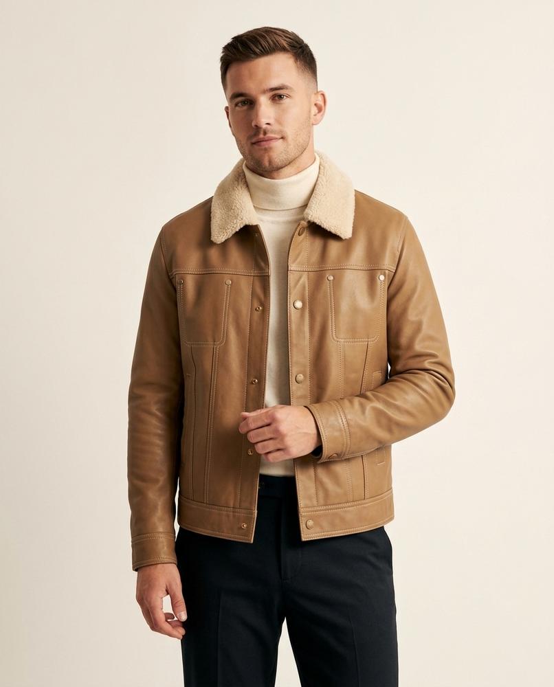 Lands Fashion - Tisan | Shearling-Collar Contrast-Stitched Leather Jacket Men