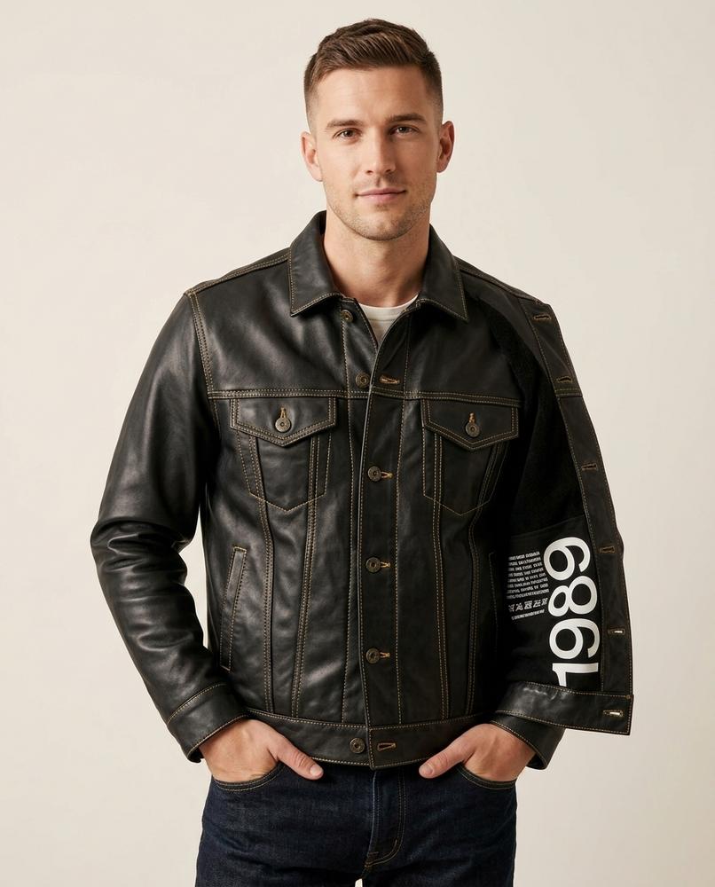 Lands Fashion - Riral | Button-Front Short-Cut Leather Jacket Men