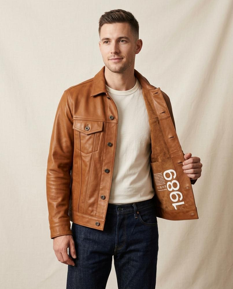 Lands Fashion - Riral | Button-Front Short-Cut Leather Jacket Men
