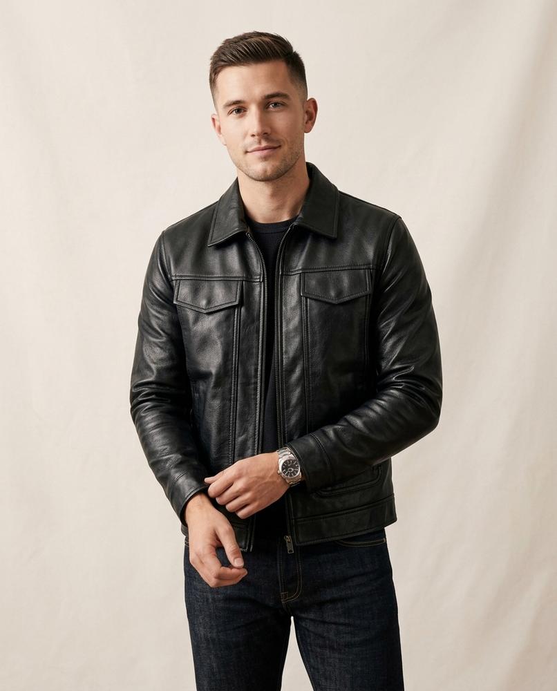 Lands Fashion - Ninav | Zip-Up Collared Leather Jacket Men