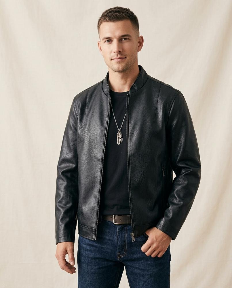 Lands Fashion - Milom | Zip-Up Slim-Fit Leather Jacket Men