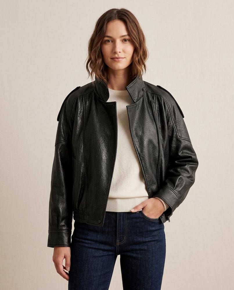 Lands Fashion - Arken | Grained High-Neck Leather Jacket Women