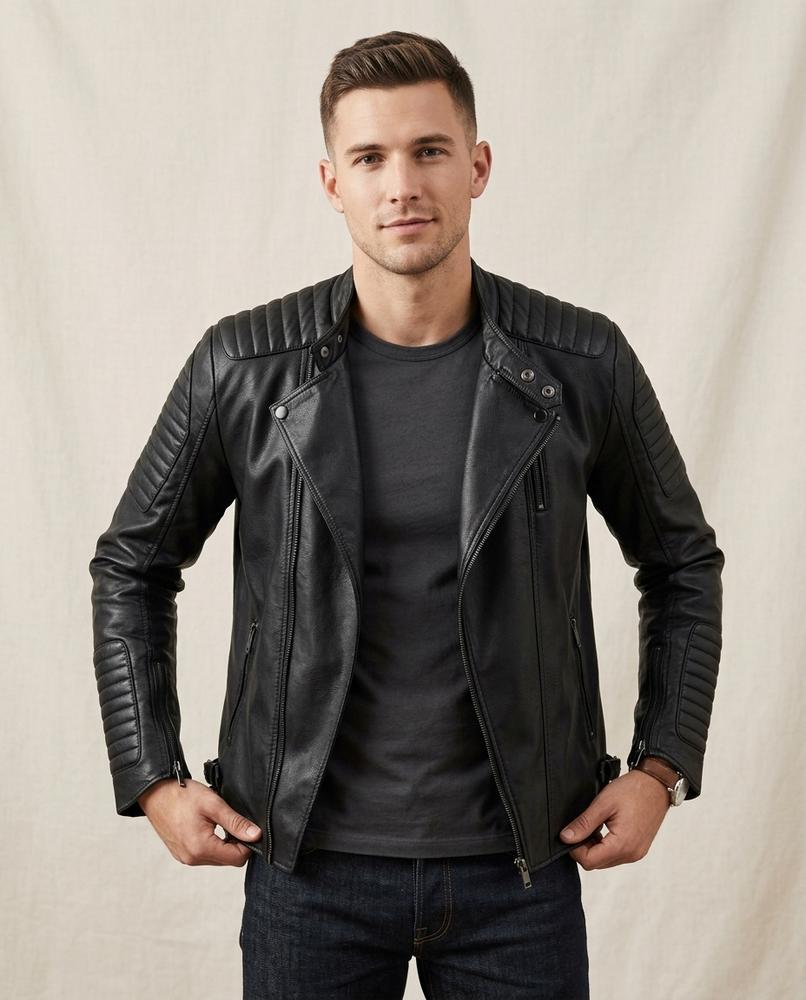 Lands Fashion - Lasen | Quilted Asymmetrical Leather Jacket Men