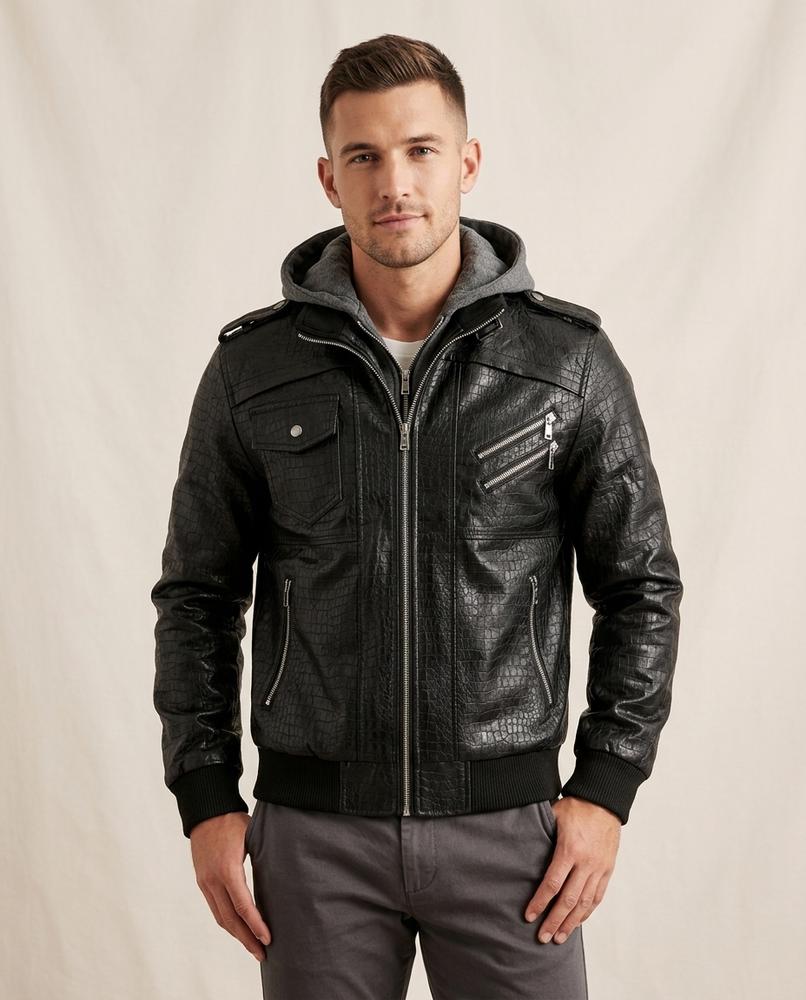 Lands Fashion - Karan | Hooded Croc-Embossed Leather Jacket Men
