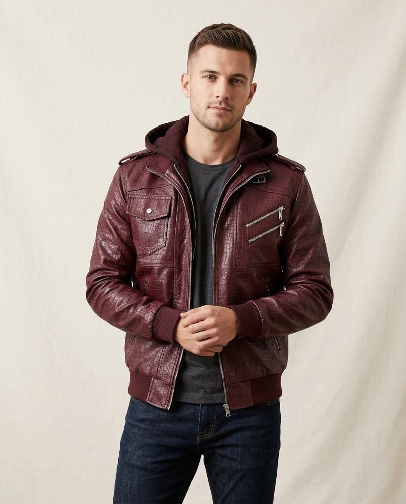 Lands Fashion - Karan | Hooded Croc-Embossed Leather Jacket Men