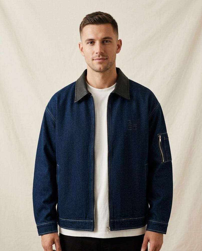 Lands Fashion - Kamin | Zip-Up Leather-Collar Denim Jacket Men