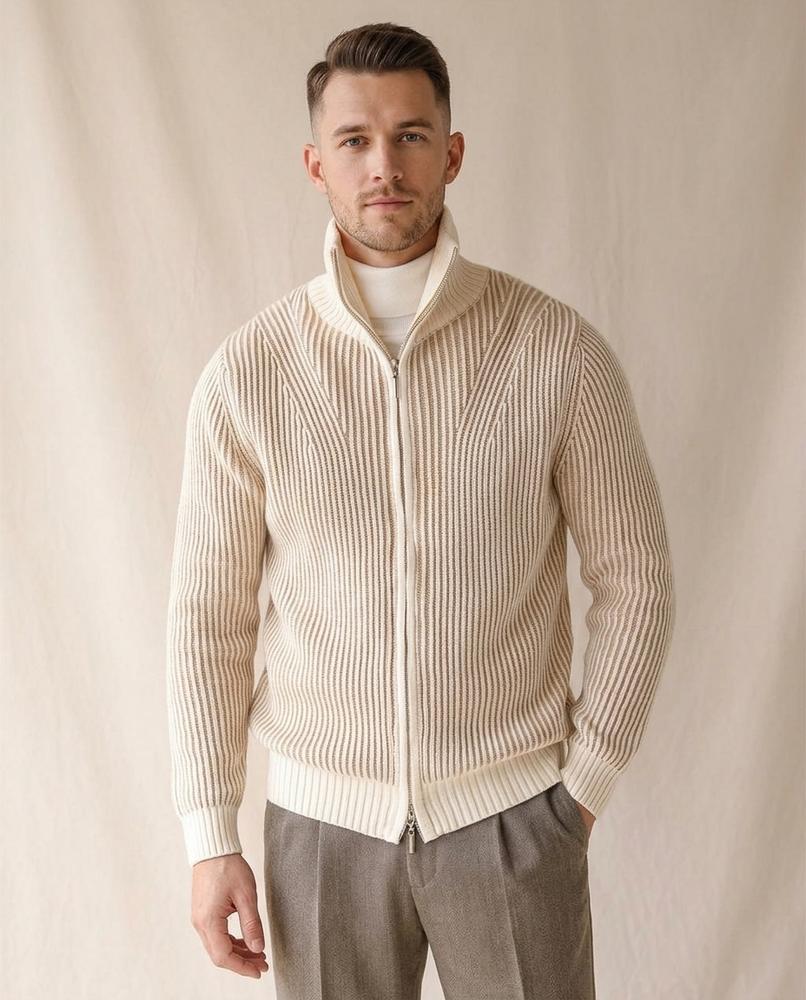 Lands Fashion - Lemor | Ribbed Zip-Up Knit Cardigan Men