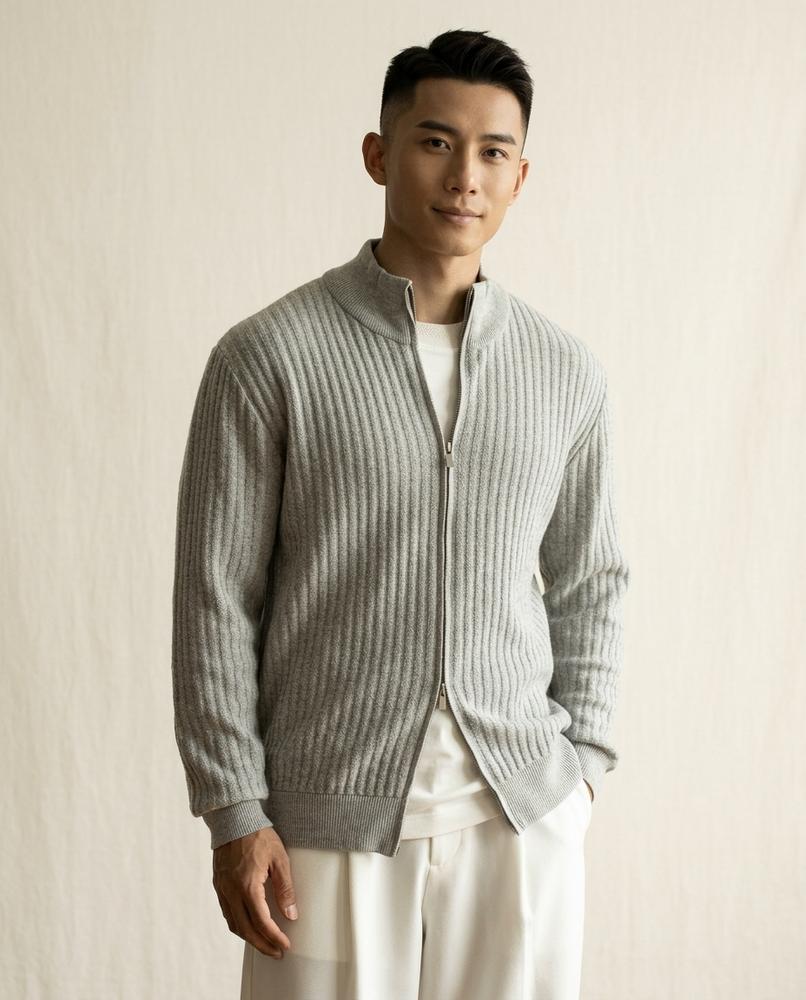 Lands Fashion - Vahes | Rib-Knit Zip-Up Knit Cardigan Men