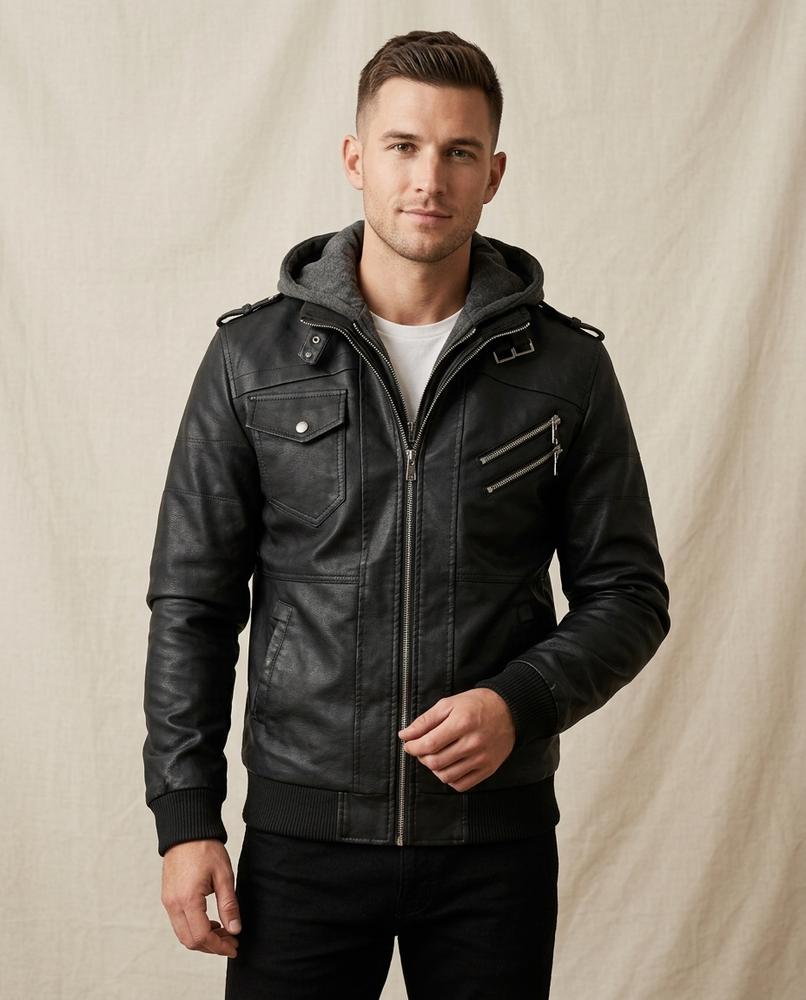 Lands Fashion - Misin | Hooded Zip-Up Leather Jacket Men