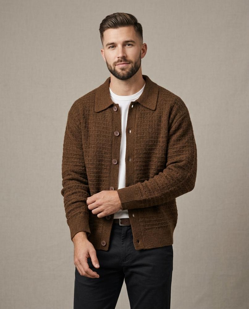 Lands Fashion - Keran | Textured Collared Knit Cardigan Men