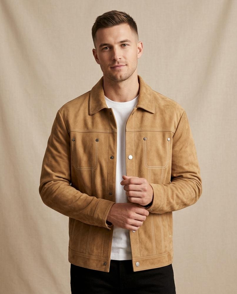 Lands Fashion - Ellar | Contrast-Stitched Sueded Jacket Men
