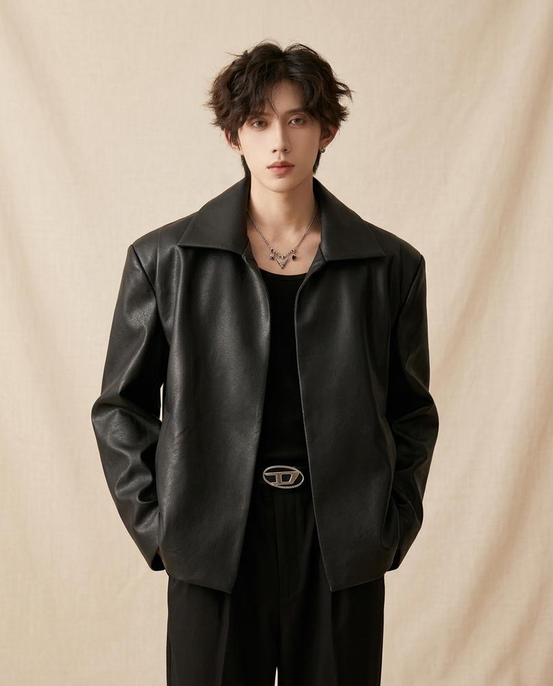 Lands Fashion - Nolor | Boxy Fit Open-Front Leather Jacket Men