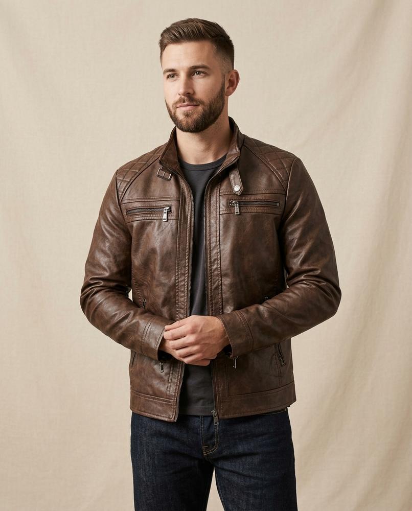 Lands Fashion - Nemar | Quilted Zip-Up Leather Jacket Men