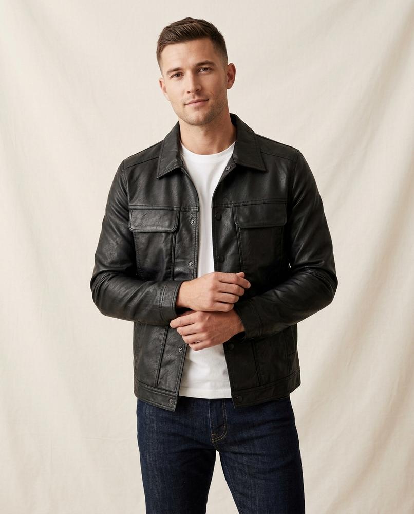 Lands Fashion - Vimin | Faux-Leather Button-Front Leather Jacket Men