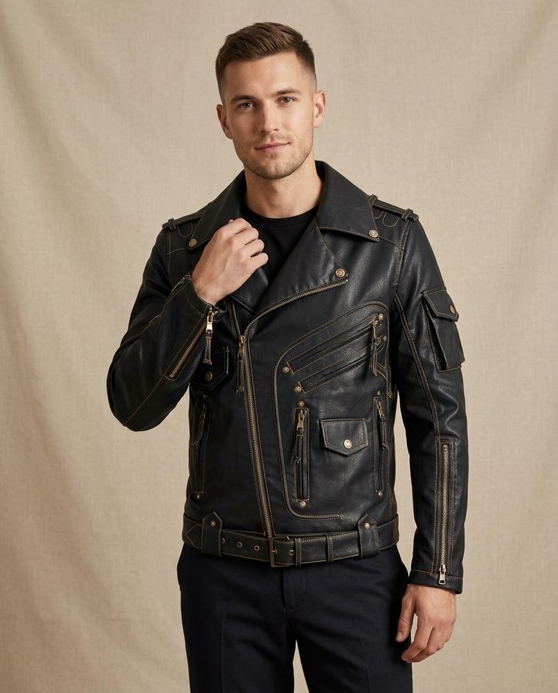 Lands Fashion - Rorel | Asymmetric-Zip Contrast-Stitch Leather Jacket Men