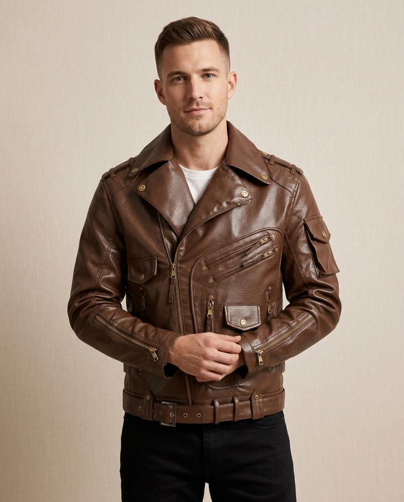 Lands Fashion - Rorel | Asymmetric-Zip Contrast-Stitch Leather Jacket Men