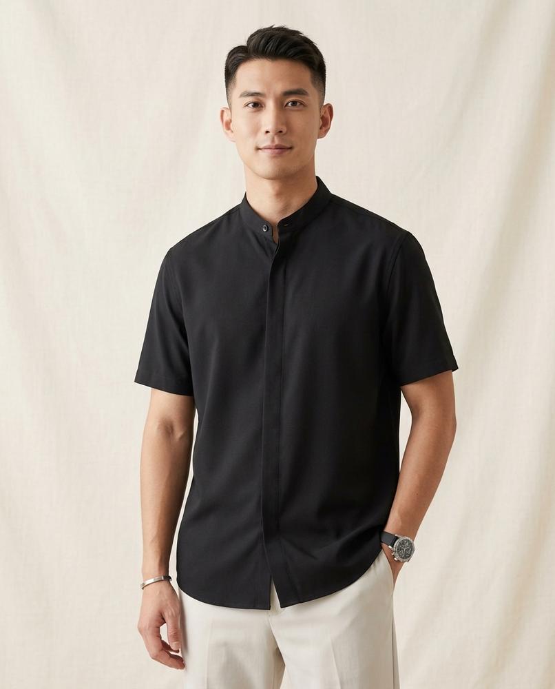 Lands Fashion - Allin | Short-Sleeved Band Collar Shirt Men