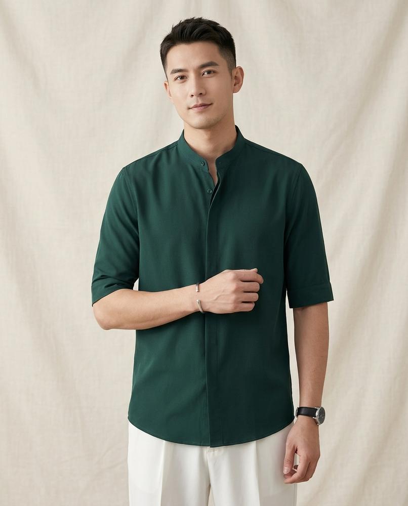 Lands Fashion - Allin | Short-Sleeved Band Collar Shirt Men