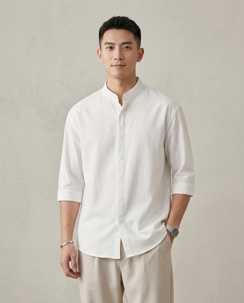 Lands Fashion - Allin | Short-Sleeved Band Collar Shirt Men