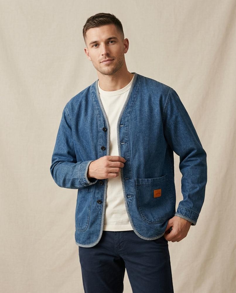 Lands Fashion - Nelev | Collarless Denim Jacket Men