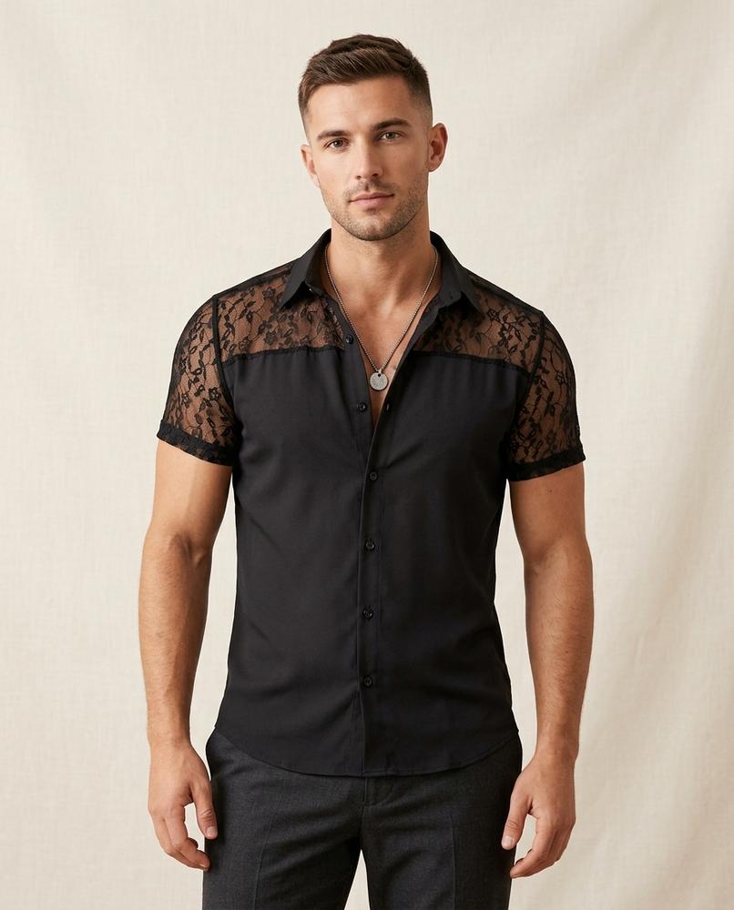 Lands Fashion - Tiren | Lace-Paneled Short-Sleeved Shirt Men