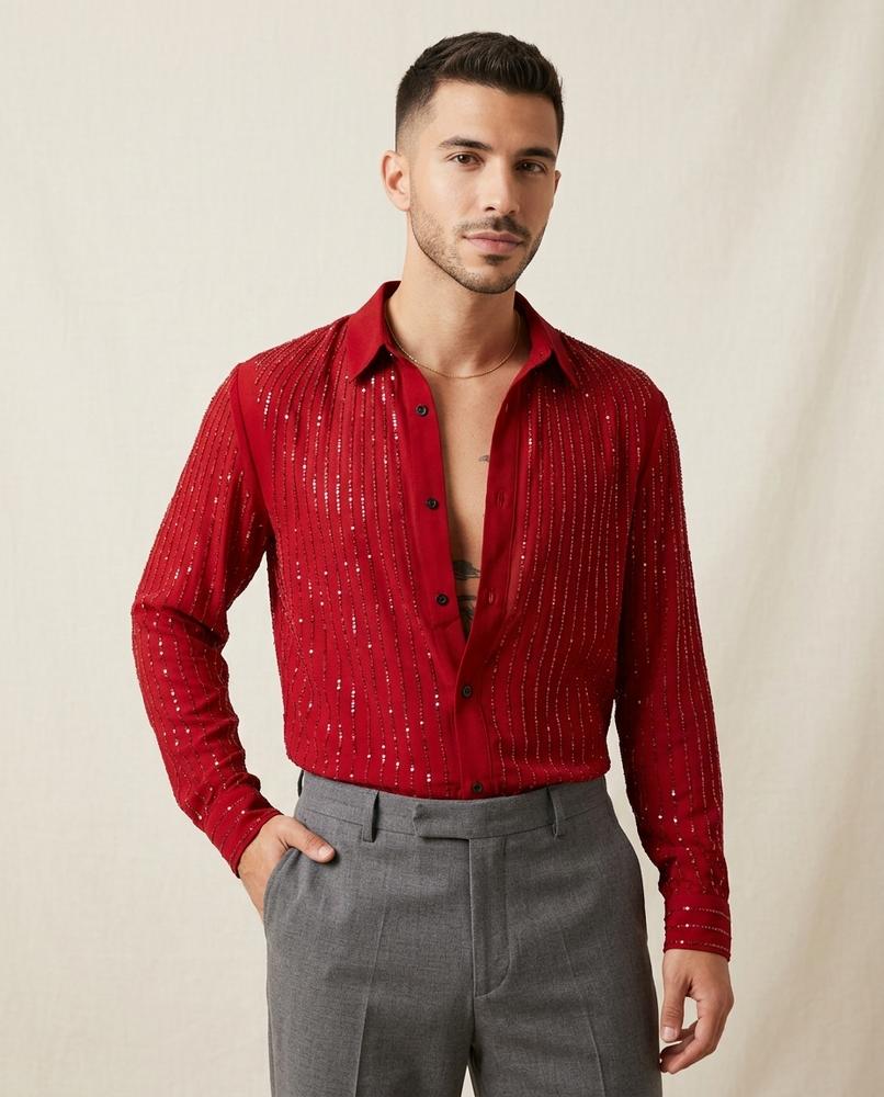 Lands Fashion - Zevel | Sequin-Striped Long-Sleeved Shirt Men
